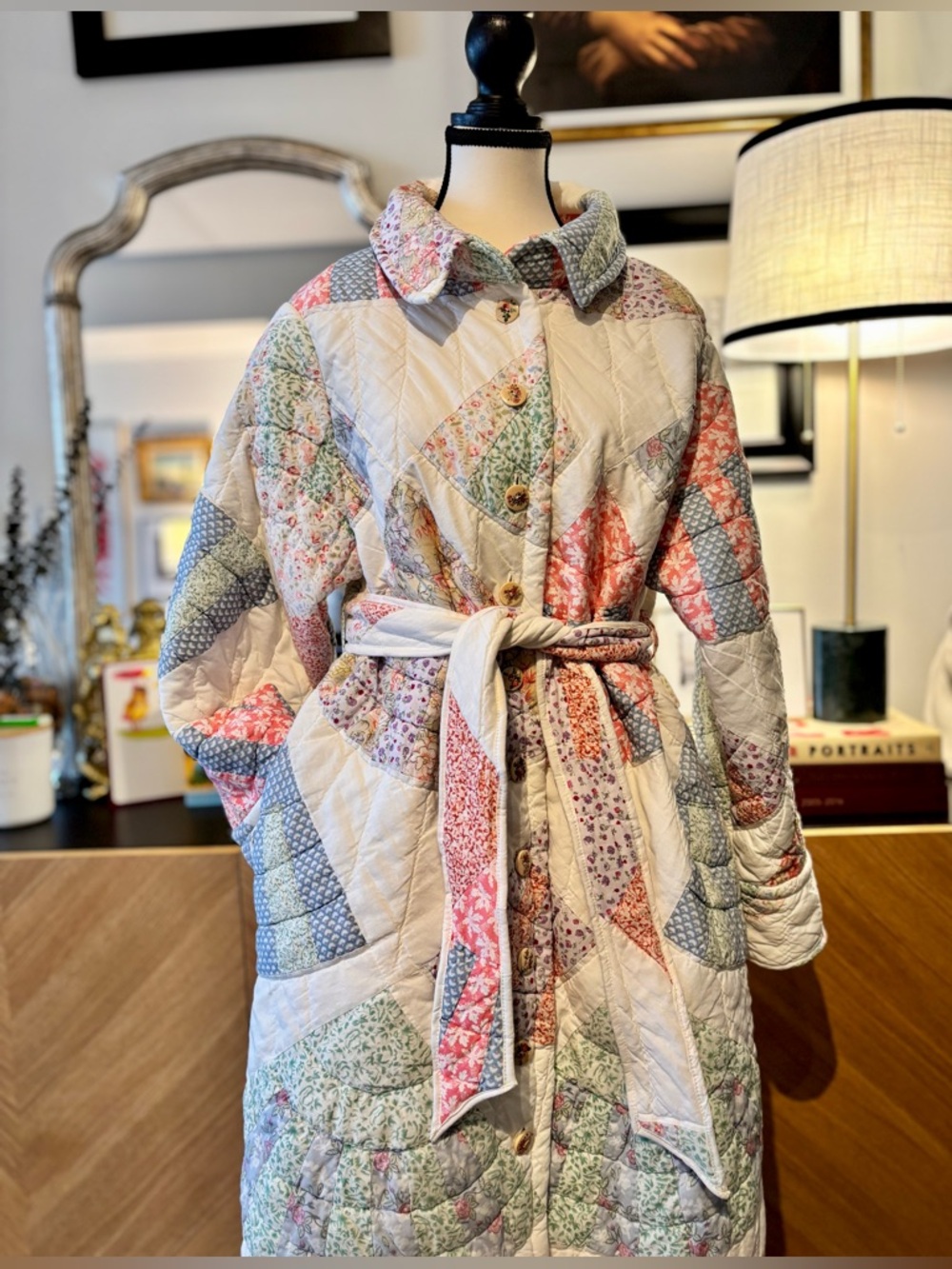 💕SOLD 🧵HANDMADE Fan Patchwork Long Quilt Belted Coat in Pastel Floral S/M - Picture 10 of 16